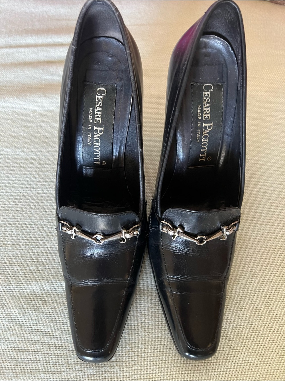 Cesare Paciotti Black Leather Slip-On Heels with Silver Chain Detail in